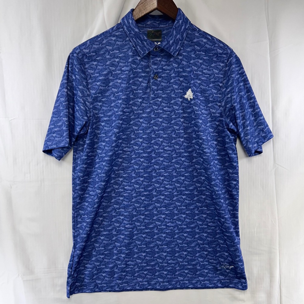 Greg Norman Polo Shirt Men Small Blue Shark Print ML75 Play Dry Golf Cedar Ridge